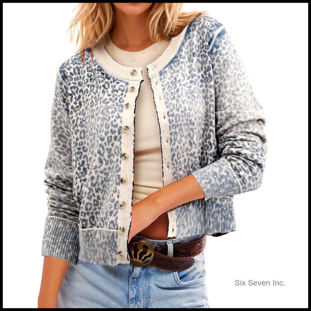 Leopard Print Cardigan Open Front Button Up Cropped Sweater Long Sleeve Shrug
